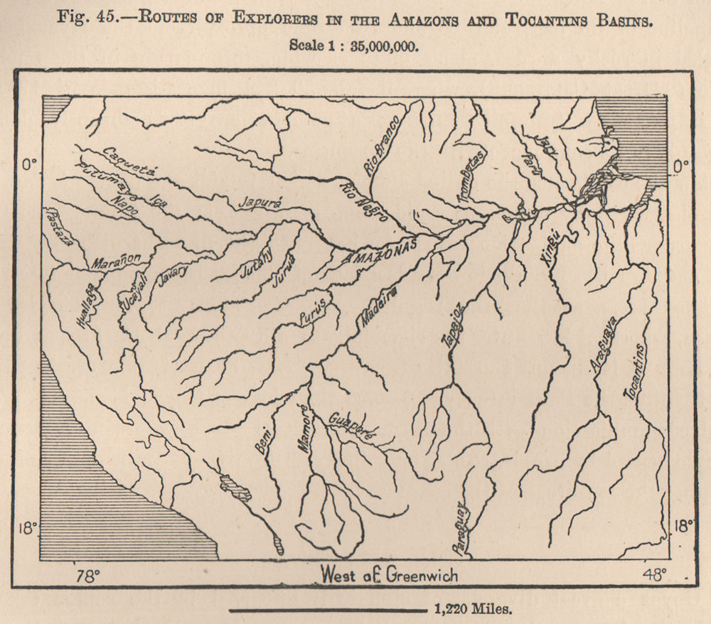Routes of Explorers in the Amazons and Tocantins Basins. Brazil 1885 old map